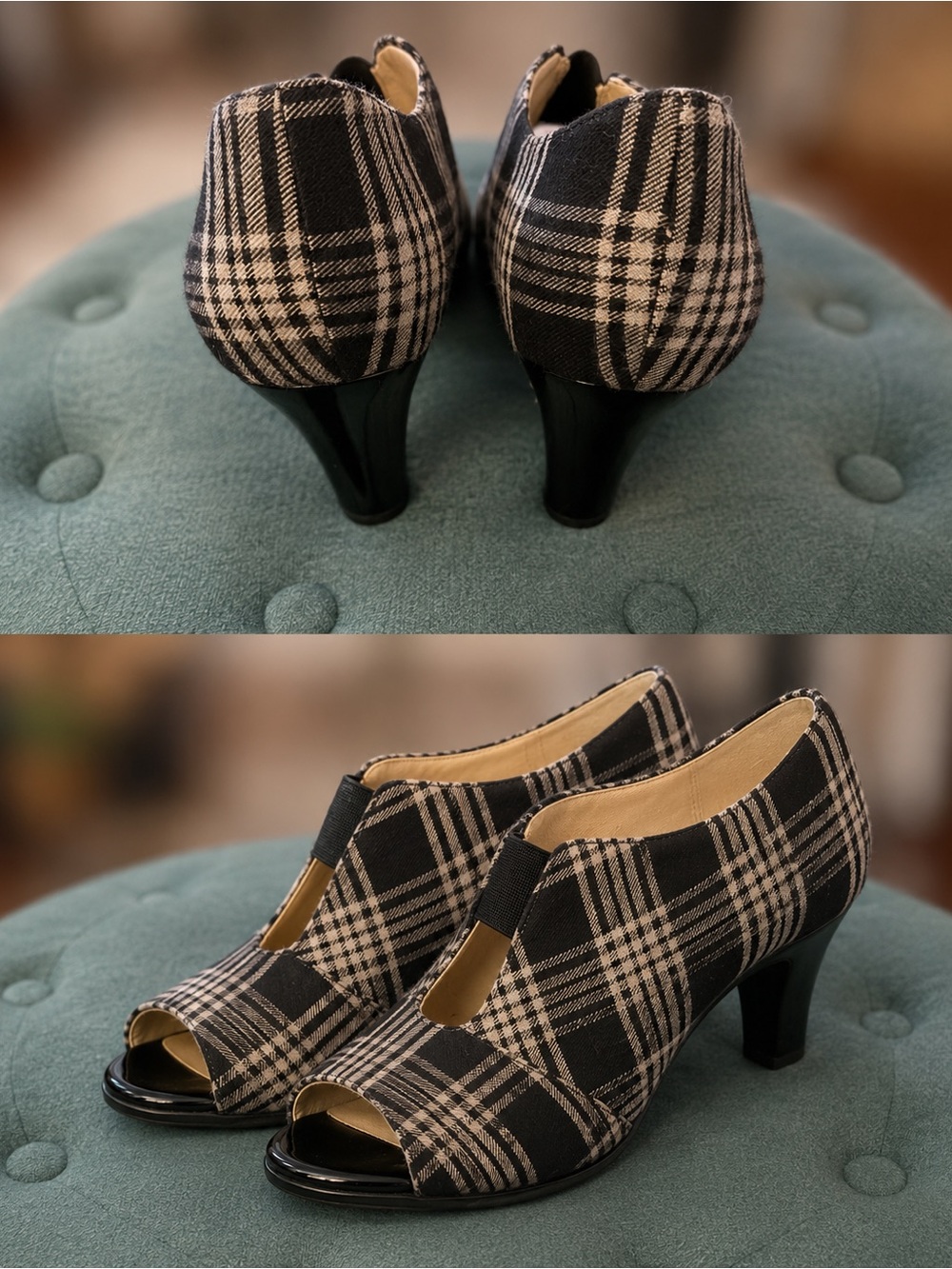 Life Stride Black & Cream Plaid Peep-Toe Mid Heel Pumps size 8 W